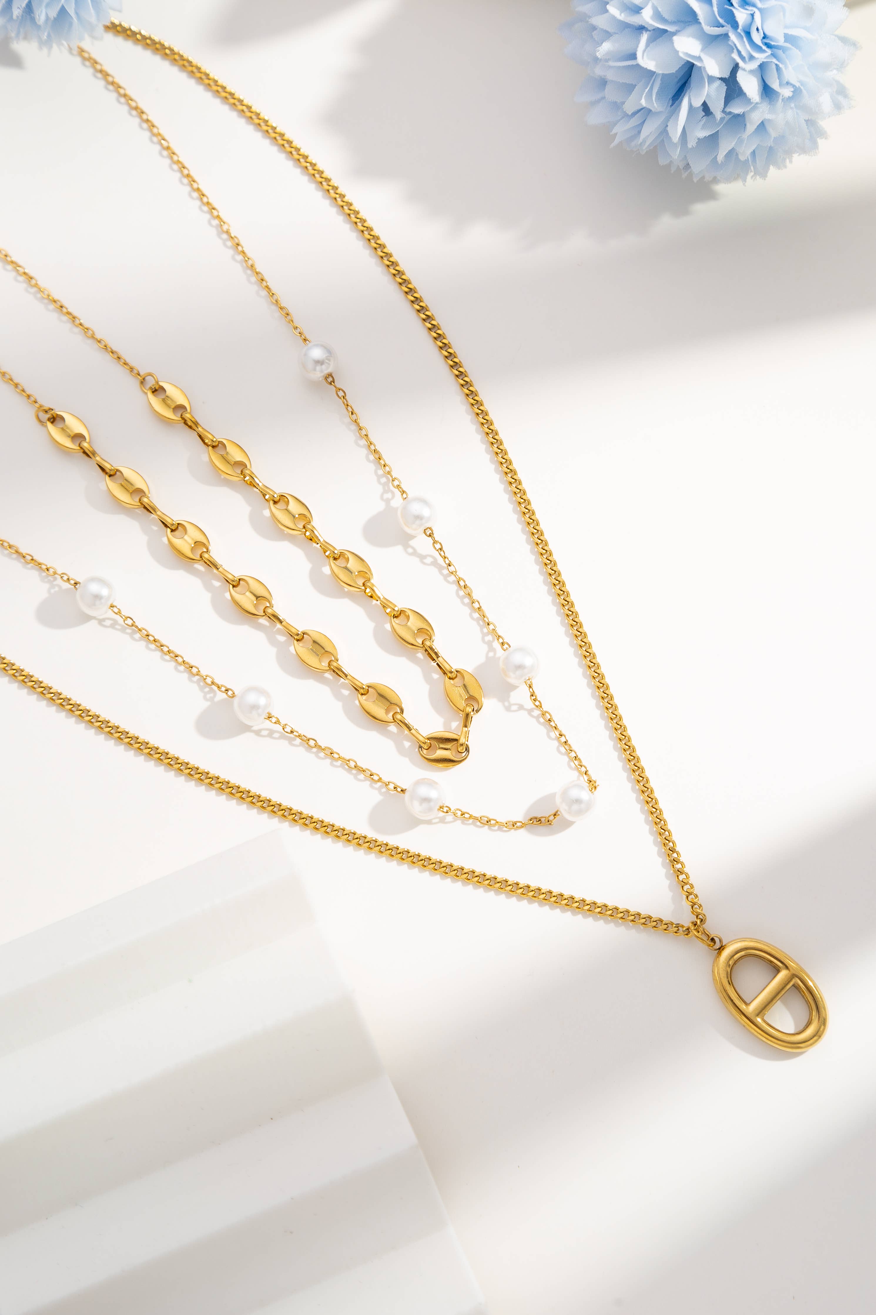 Collier triple rang doré - perles maillons