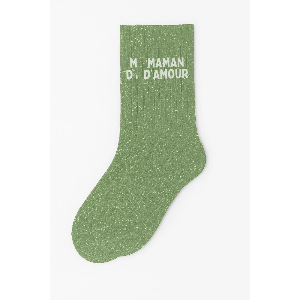 Chaussettes à paillettes "maman d'amour" vert amande