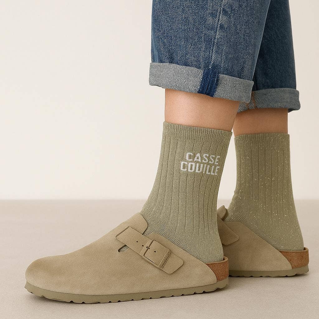 Chaussettes à Paillettes à Message "Casse Couille" Beige