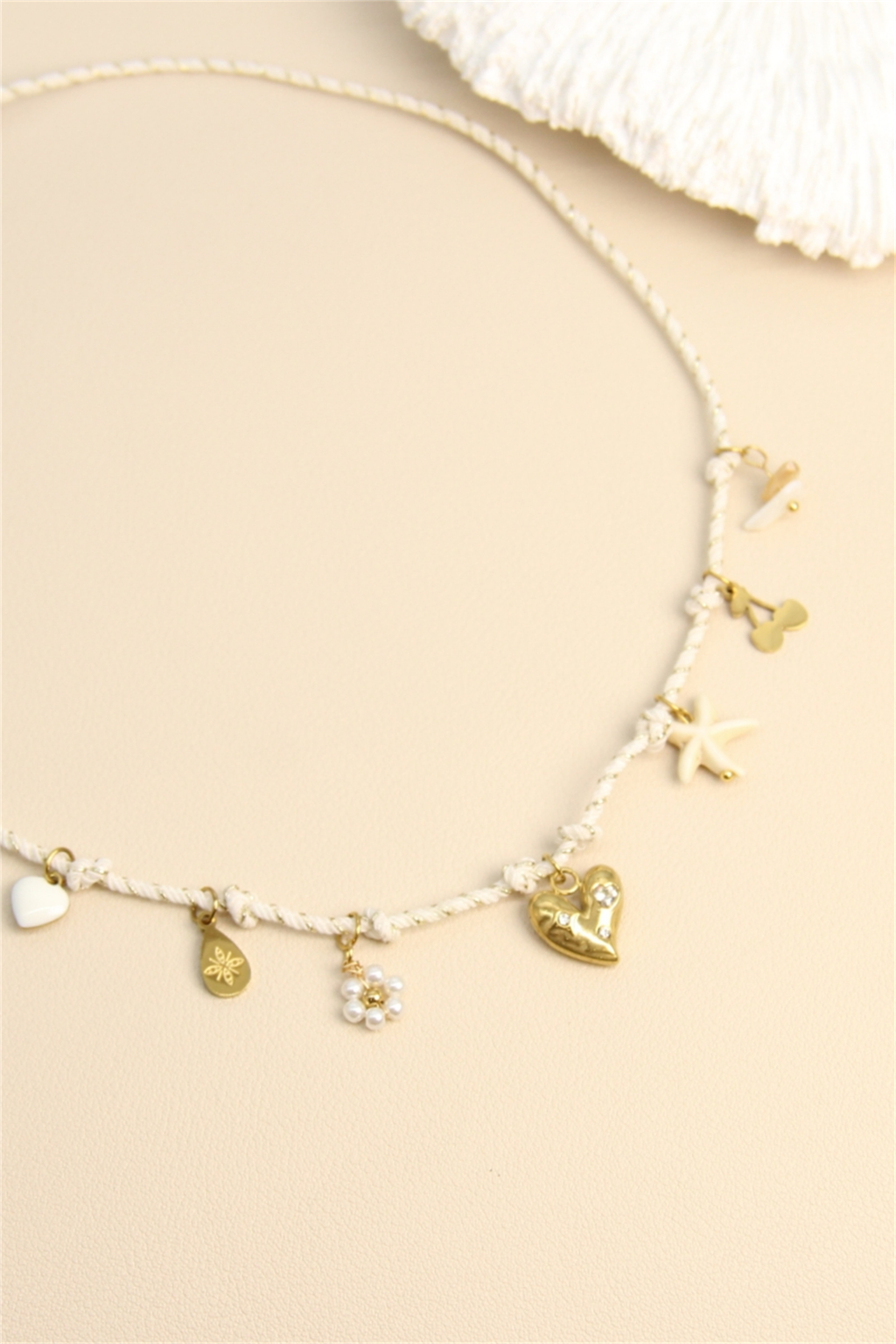 Collier Corde Avec Pampilles Cœur Doré Et Charms Marins