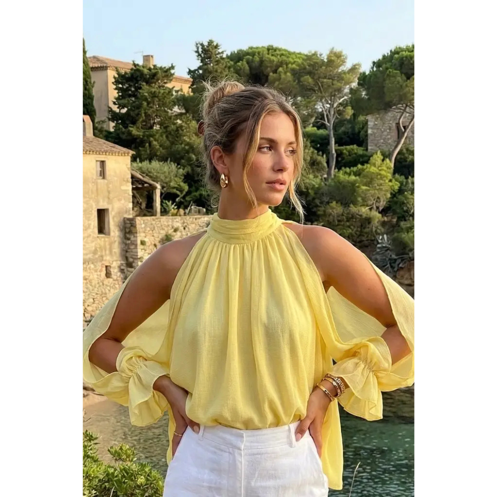 Blouse jaune à nouer au cou 🌸