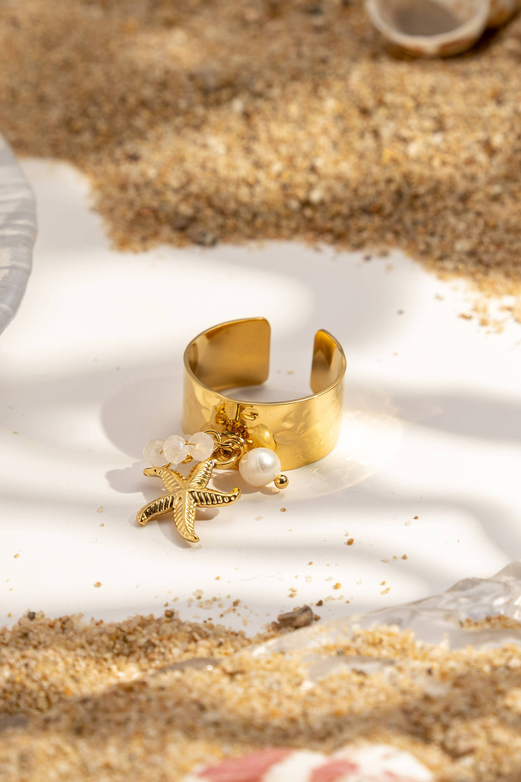 Bague Dorée Charms Étoile de Mer Perle Marine Bohème Chic