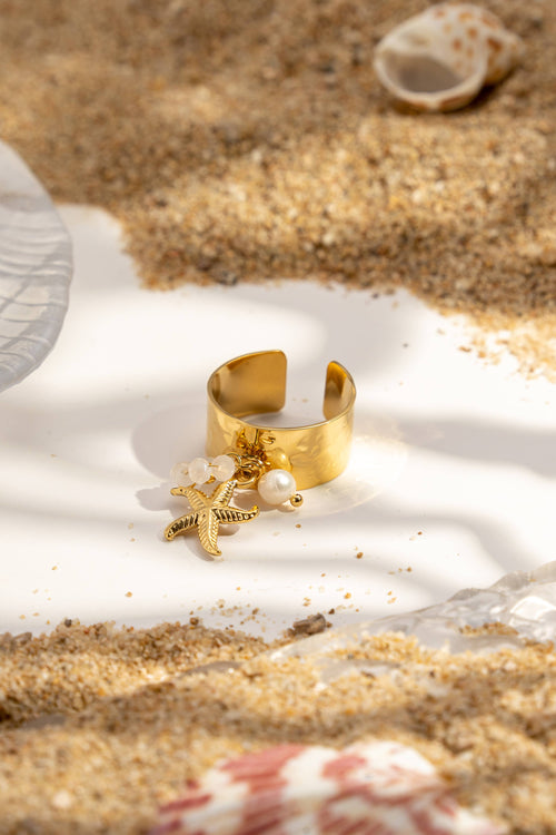 Bague Dorée Charms Étoile de Mer Perle Marine Bohème Chic